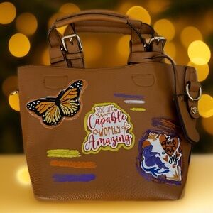 Brown Handbag with Colorful Patches